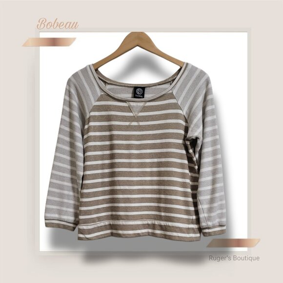 🌿Bobeau Womens Medium Beige White Striped 3/4 Sleeve Distressed Sweater-Cute! - Picture 3 of 9